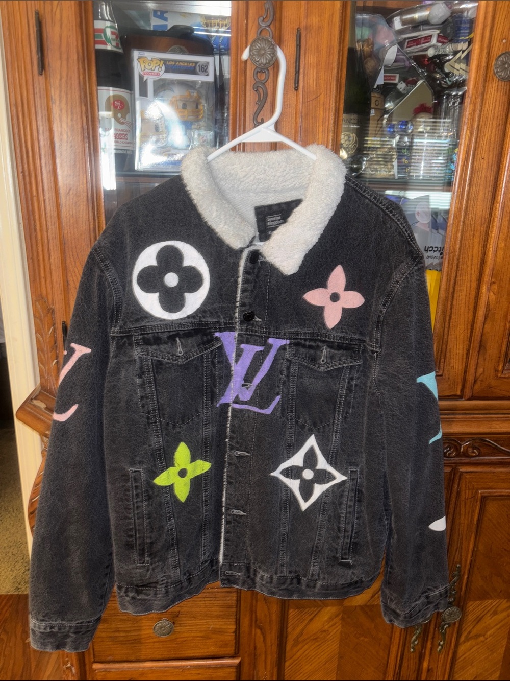 Kids Black Sherpa-Trim Denim Jacket with Multicolor Motifs